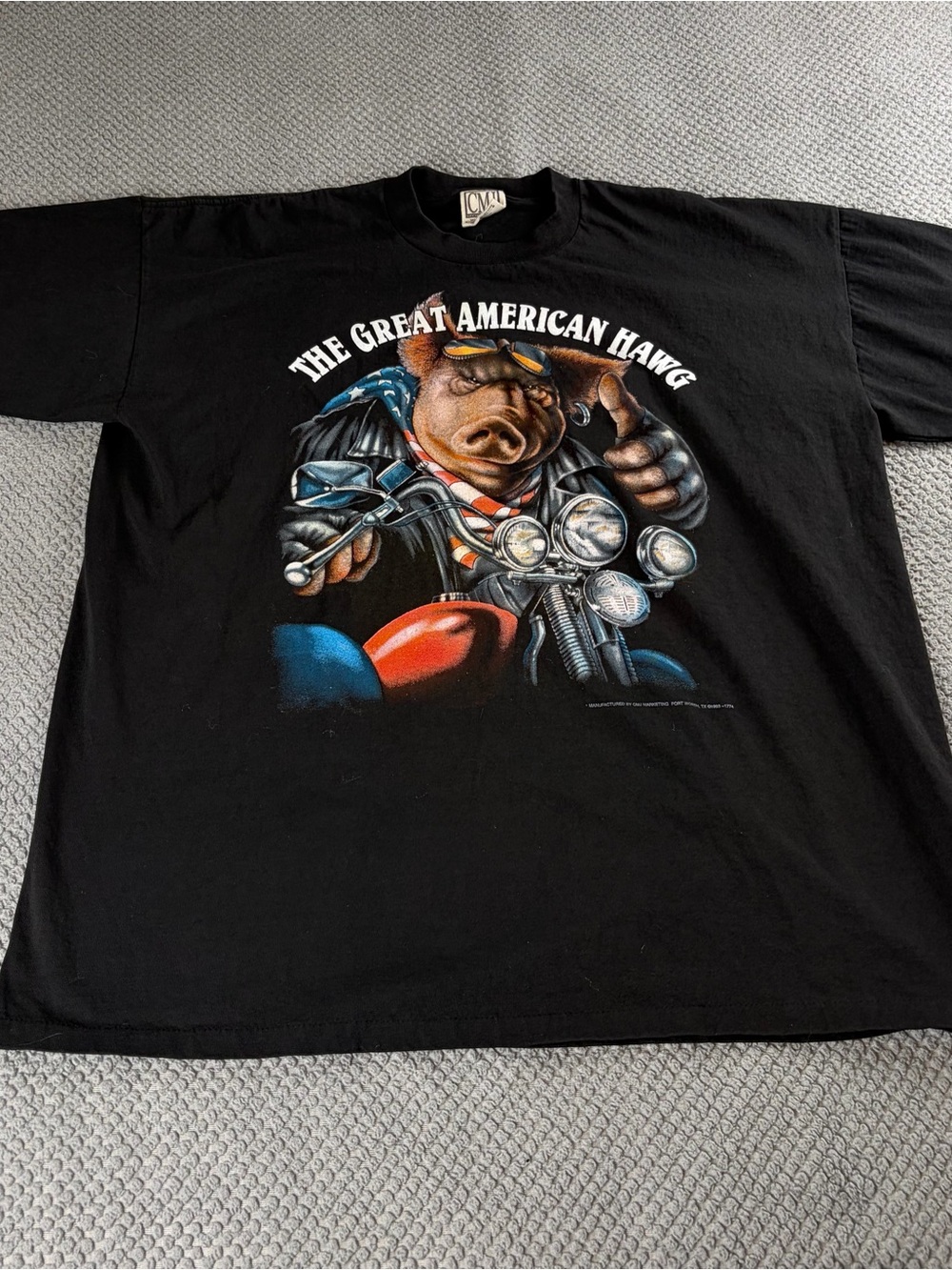 Vintage Black 'The Great American Hawg' Graphic Tee with Red & Blue Accents